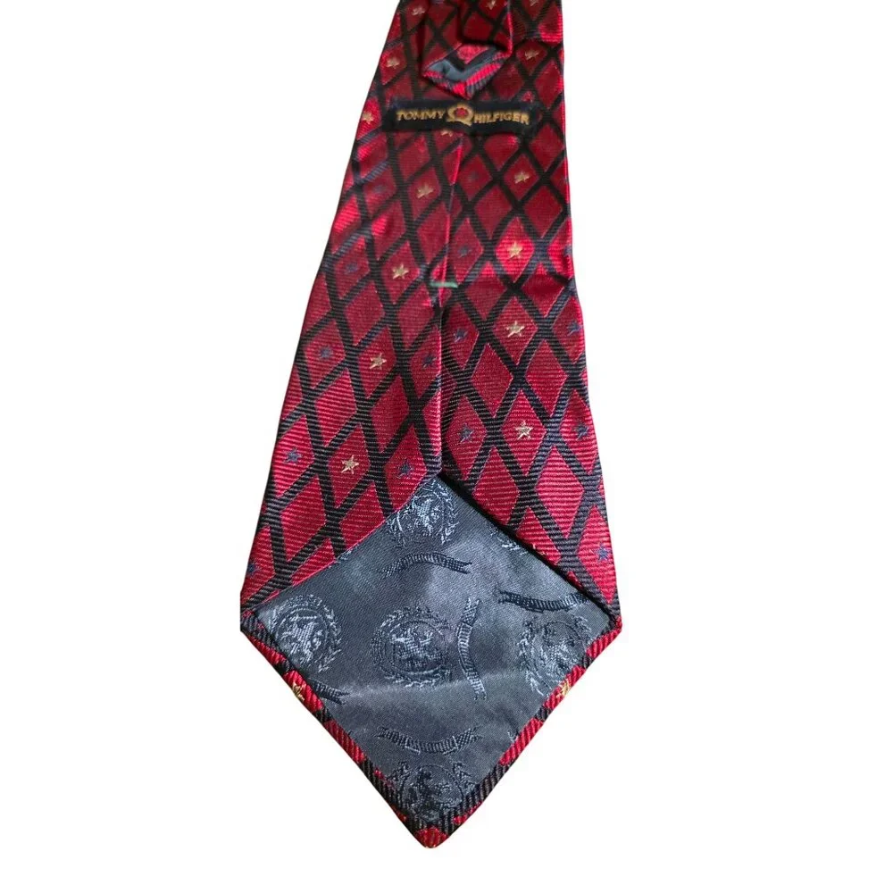 Vintage Repp Necktie Tommy Hilfiger Silk Red &‎ Black Diamond Star Men